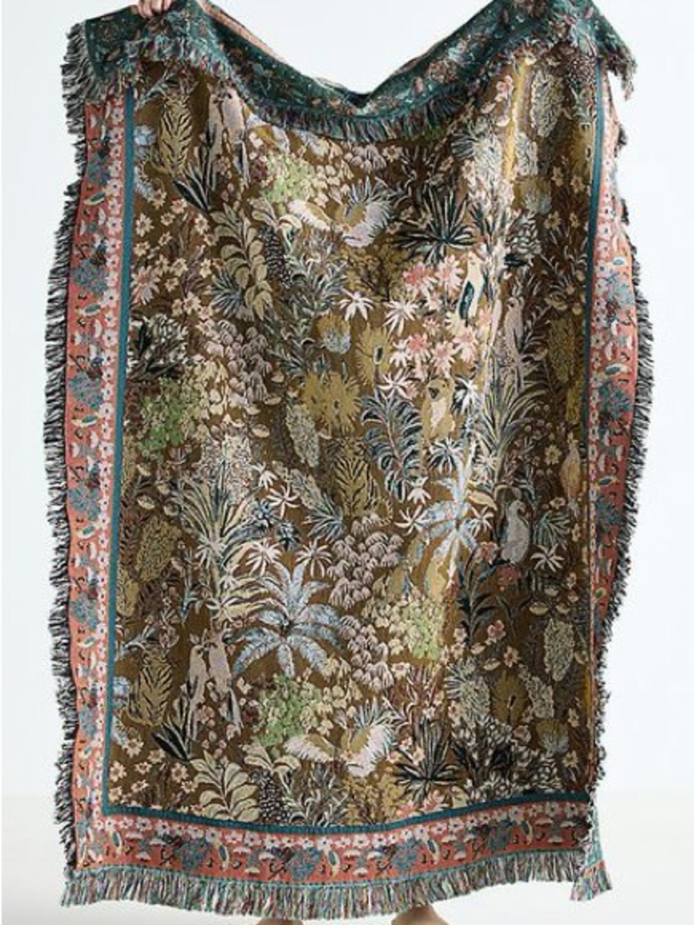 Anthropologie Estella Olive Multi Botanical Fringe Throw Blanket